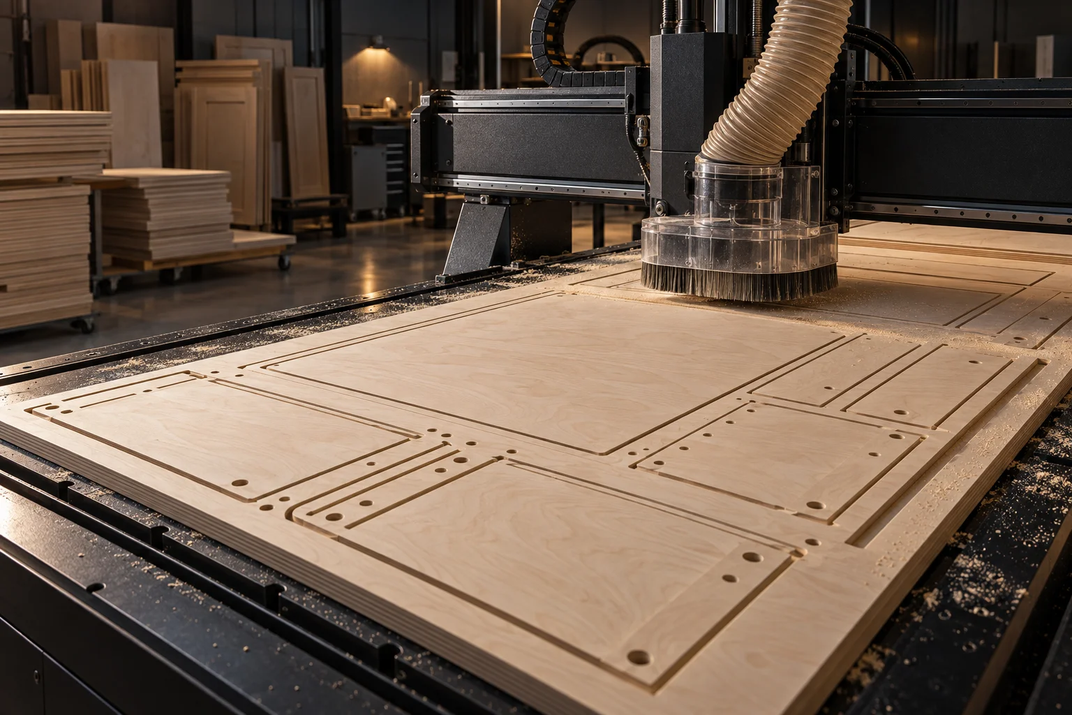 Concept image illustrating CNC machining of cabinet panels